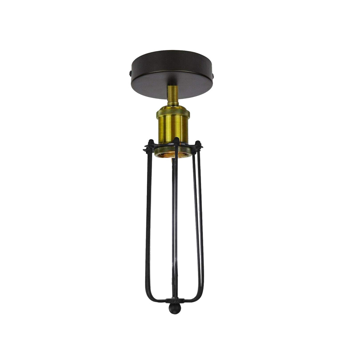 Industrial Flush Mount Ceiling Light with Cage Shade – E27 - Green Brass, Long Cage Black, Without Bulb