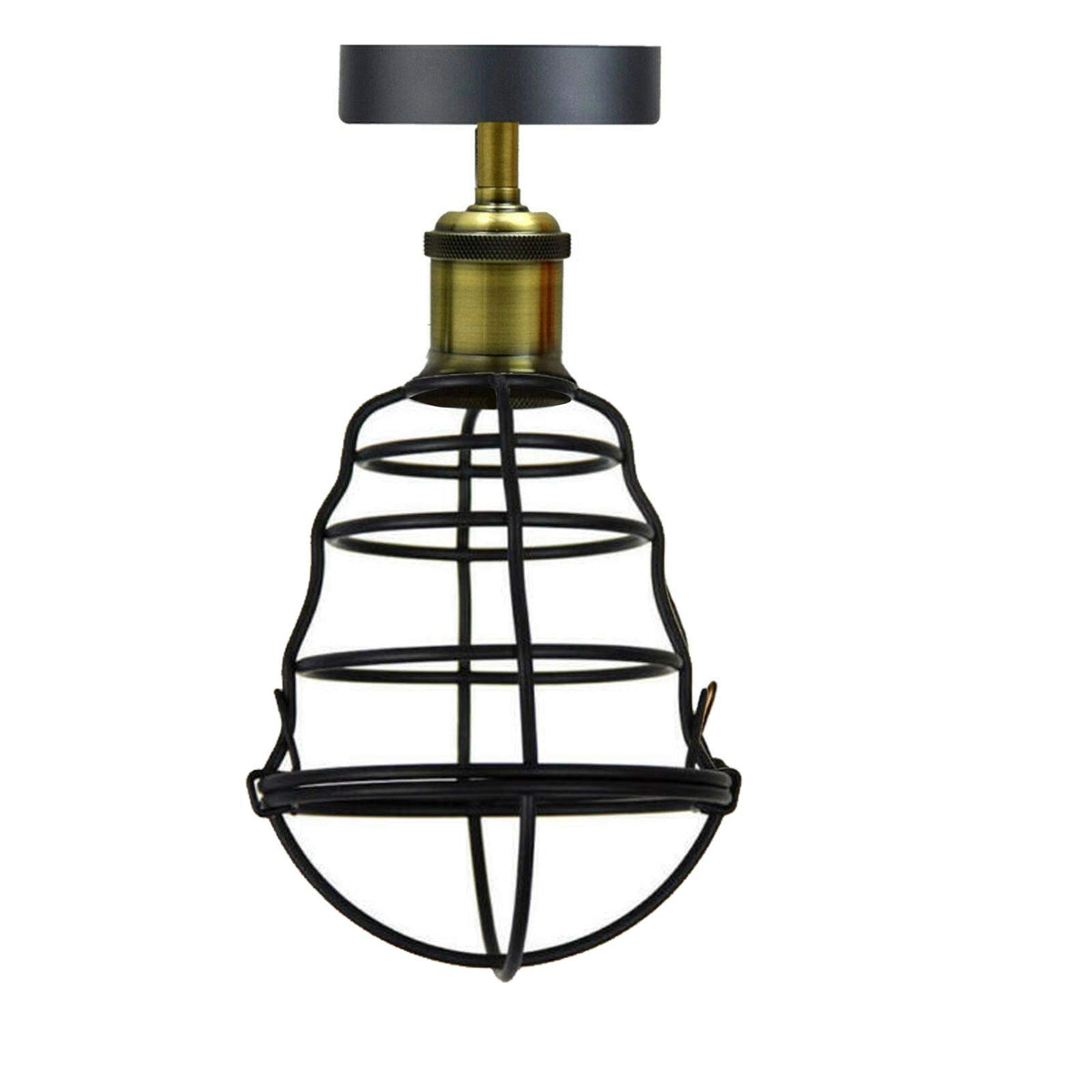 Industrial Flush Mount Ceiling Light with Cage Shade – E27 - Green Brass, Cage Black, Without Bulb