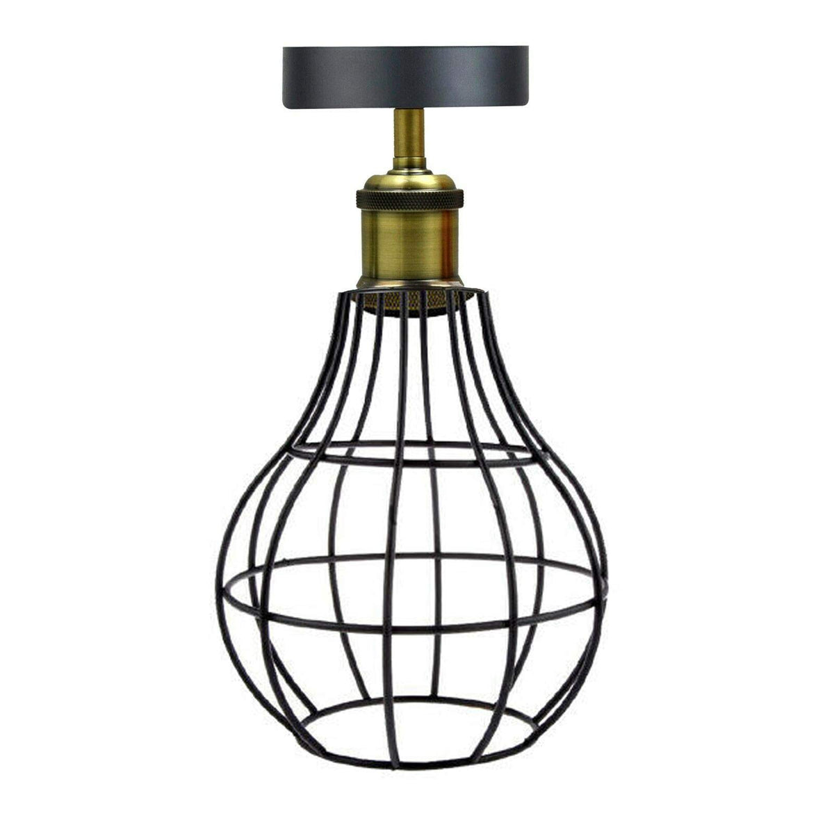 Industrial Flush Mount Ceiling Light with Cage Shade – E27 - Green Brass, Balloon Cage Black, Without Bulb