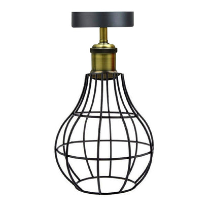 Industrial Flush Mount Ceiling Light with Cage Shade – E27 - Green Brass, Balloon Cage Black, Without Bulb