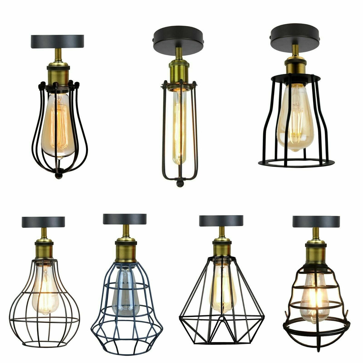 Industrial Flush Mount Ceiling Light with Cage Shade – E27 - Green Brass, Cage Black, ST64 LED Bulb 4W