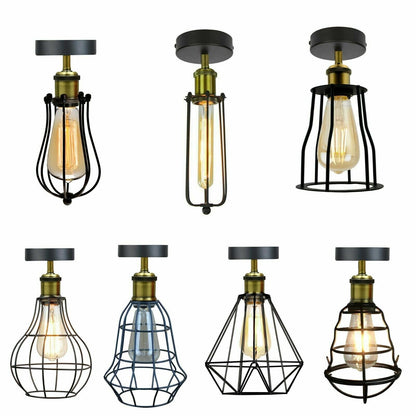 Industrial Flush Mount Ceiling Light with Cage Shade – E27 - Green Brass, Cage Black, ST64 LED Bulb 4W
