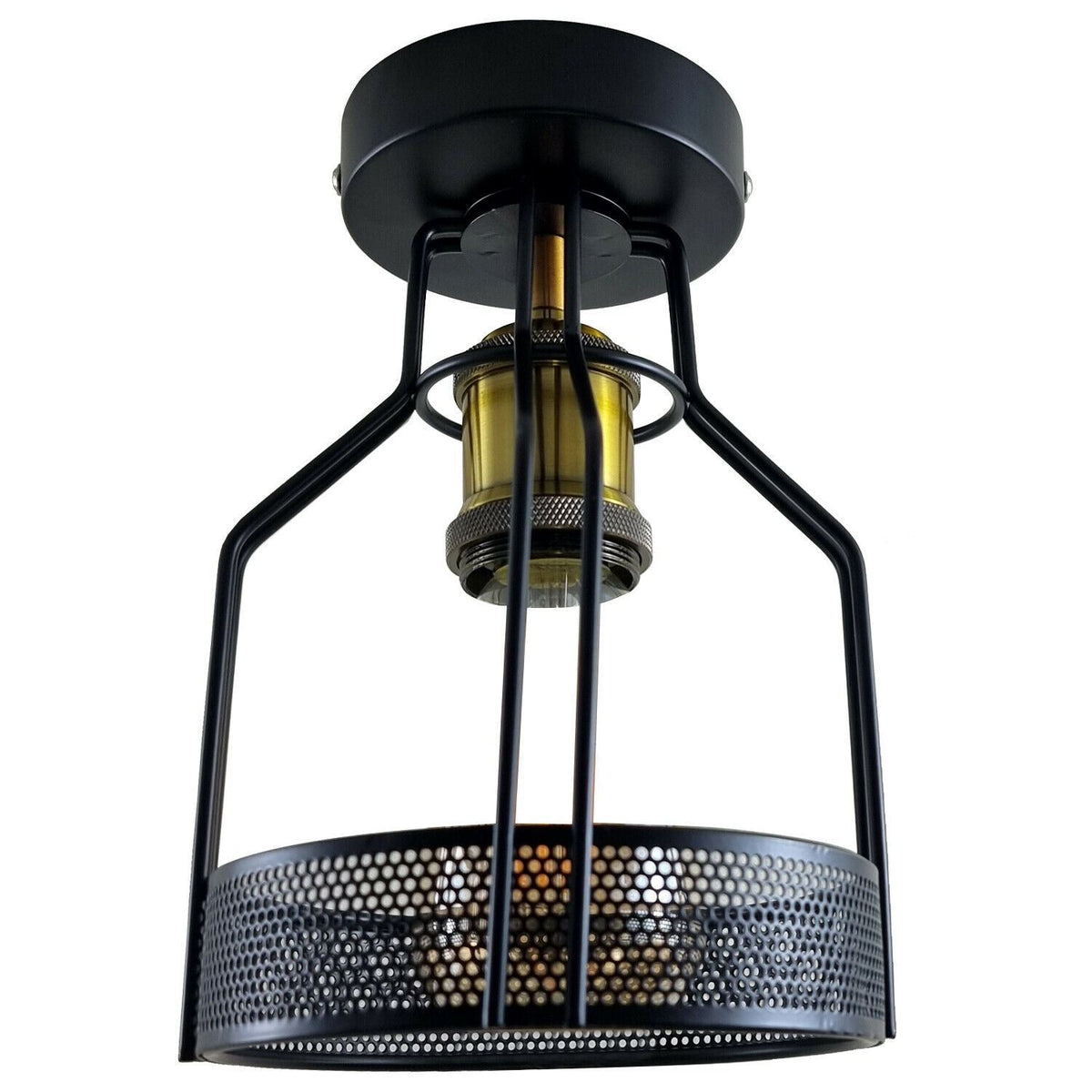 Industrial Flush Mount Ceiling Light with Cage Shade – E27 - Green Brass, Bird Cage Black, Without Bulb