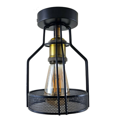 Industrial Flush Mount Ceiling Light with Cage Shade – E27 - Green Brass, Bird Cage Black, ST64 LED Bulb 4W