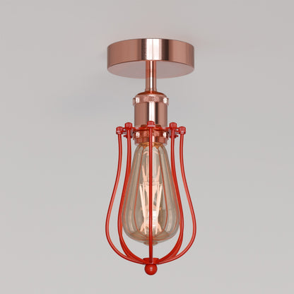 Industrial Flush Mount Ceiling Light with Cage Shade – E27 - Rose Gold, Round Cage Rose Gold, T130 LED Bulb 4W