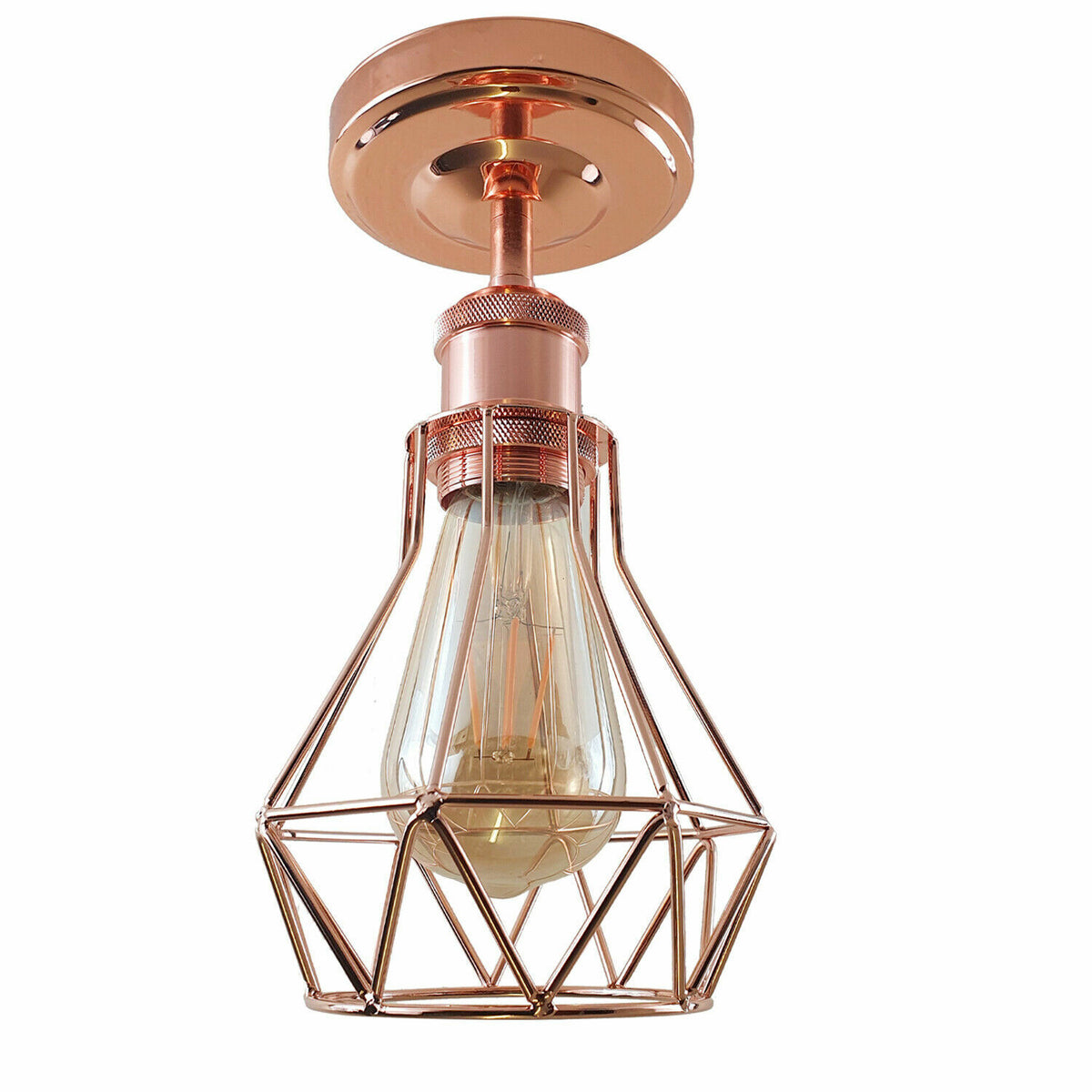 Industrial Flush Mount Ceiling Light with Cage Shade – E27 - Rose Gold, Cage Rose Gold, ST64 LED Bulb 4W