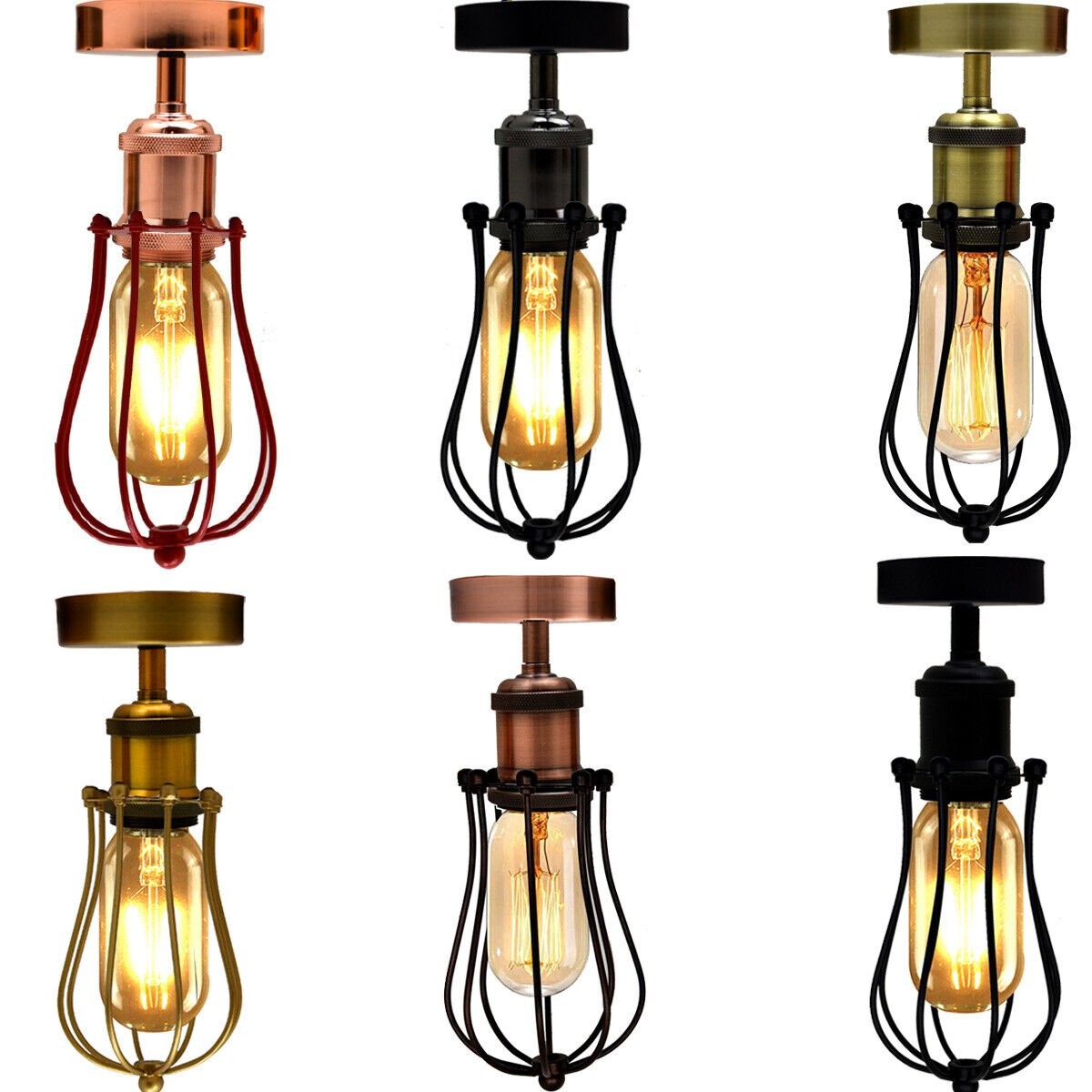 Industrial Flush Mount Ceiling Light with Cage Shade – E27 - Rose Gold, Round Cage Red, T45 LED Bulb 4W