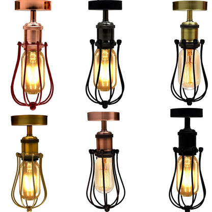 Industrial Flush Mount Ceiling Light with Cage Shade – E27 - Rose Gold, Round Cage Red, T45 LED Bulb 4W