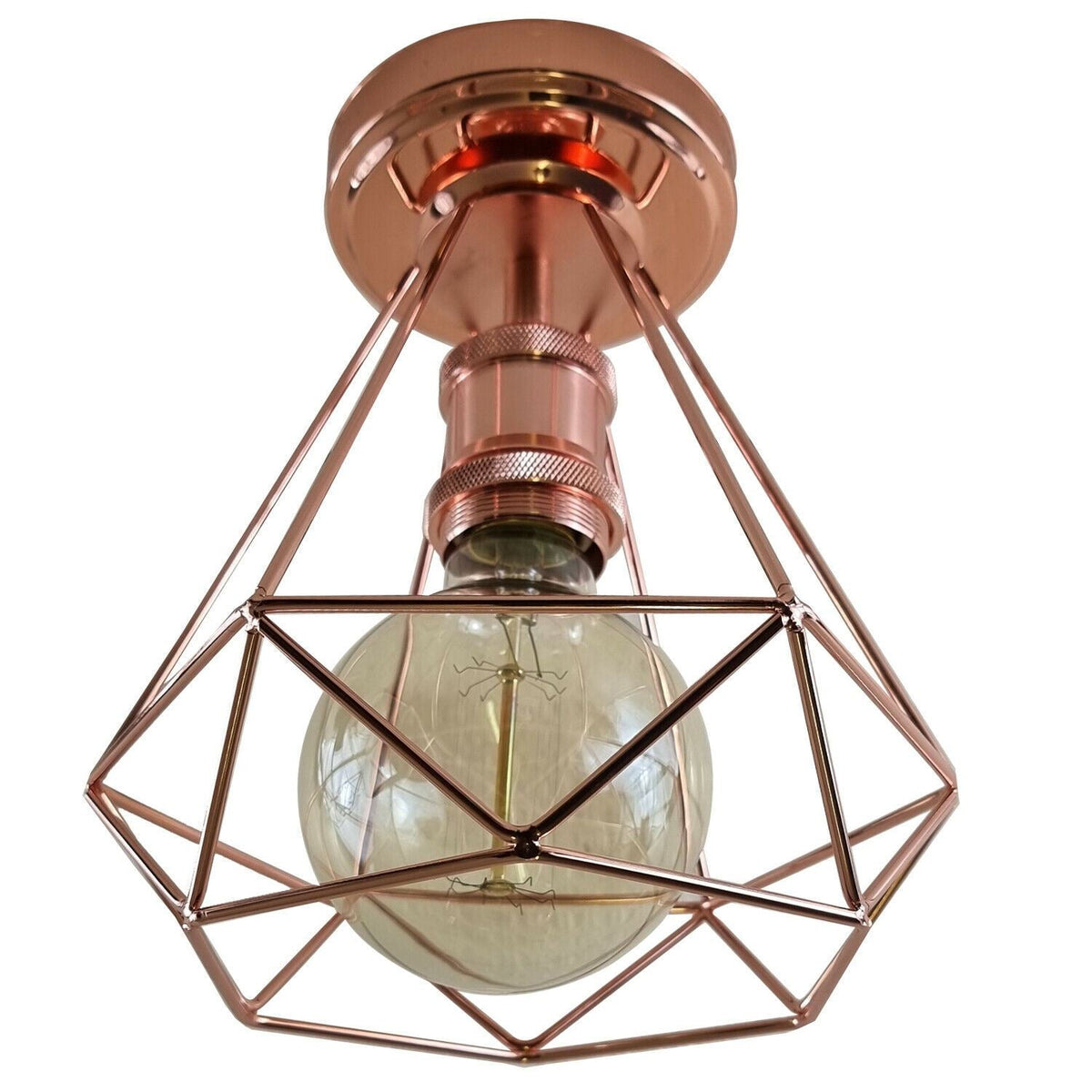 Industrial Flush Mount Ceiling Light with Cage Shade – E27 - Rose Gold, Wire Cage Rose Gold 108 mm Rose, Without Bulb