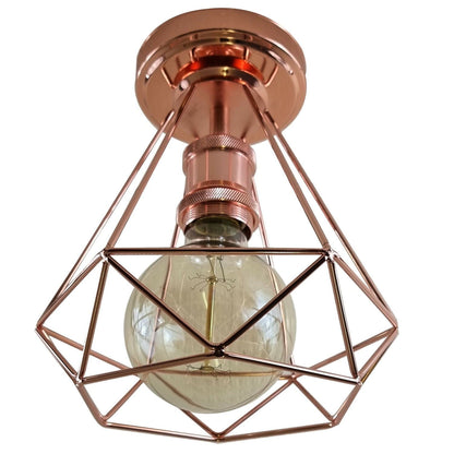 Industrial Flush Mount Ceiling Light with Cage Shade – E27 - Rose Gold, Wire Cage Rose Gold 108 mm Rose, Without Bulb