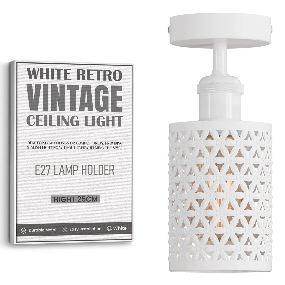 Industrial Flush Mount Ceiling Light with Cage Shade – E27 - White, Barrel Cage Style 2 White, Without Bulb