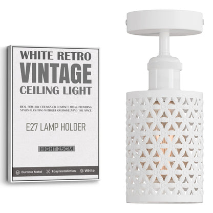 Industrial Flush Mount Ceiling Light with Cage Shade – E27 - White, Barrel Cage Style 2 White, Without Bulb