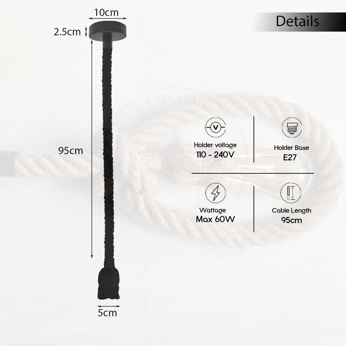 Black Rope Pendant Light – Twisted Rope Flex, 95 cm, E27