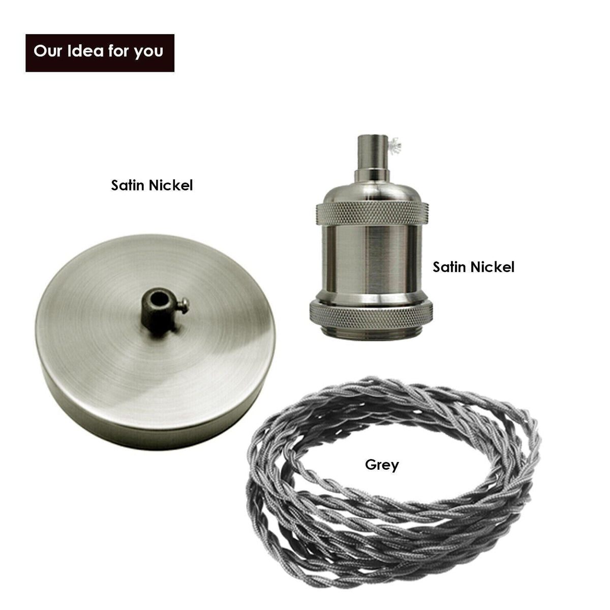 Fabric Cable Pendant Light Set – E27 Holder & Ceiling Rose, 8 Finishes - photo 5