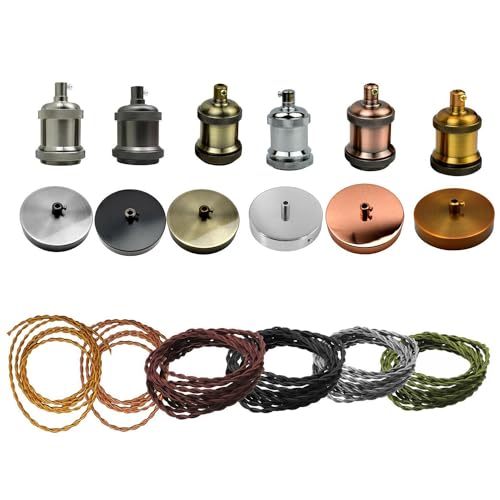 Fabric Cable Pendant Light Set – E27 Holder & Ceiling Rose, 8 Finishes - Chrome, Gold Twisted Cable, Black Rose, Without Bulb