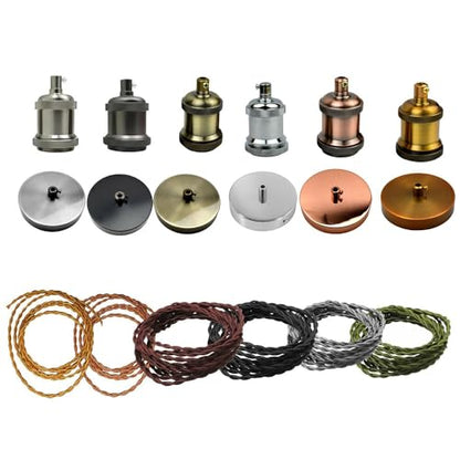 Fabric Cable Pendant Light Set – E27 Holder & Ceiling Rose, 8 Finishes - Chrome, Gold Twisted Cable, Black Rose, Without Bulb