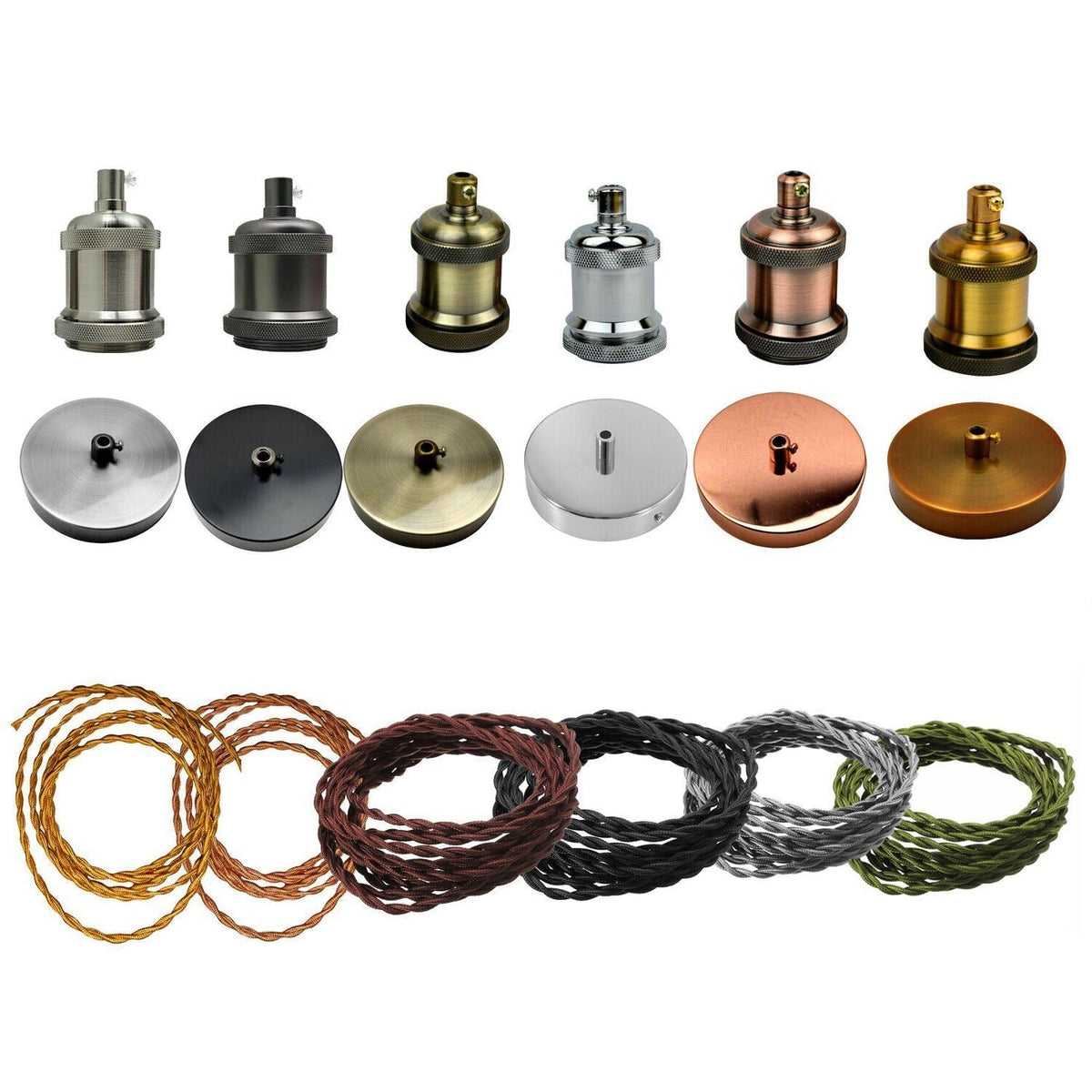 Fabric Cable Pendant Light Set – E27 Holder & Ceiling Rose, 8 Finishes - Copper, Grey Twisted Cable, Black Rose, Without Bulb