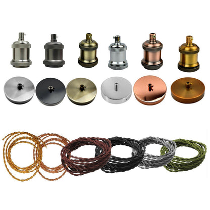 Fabric Cable Pendant Light Set – E27 Holder & Ceiling Rose, 8 Finishes - Copper, Grey Twisted Cable, Black Rose, Without Bulb