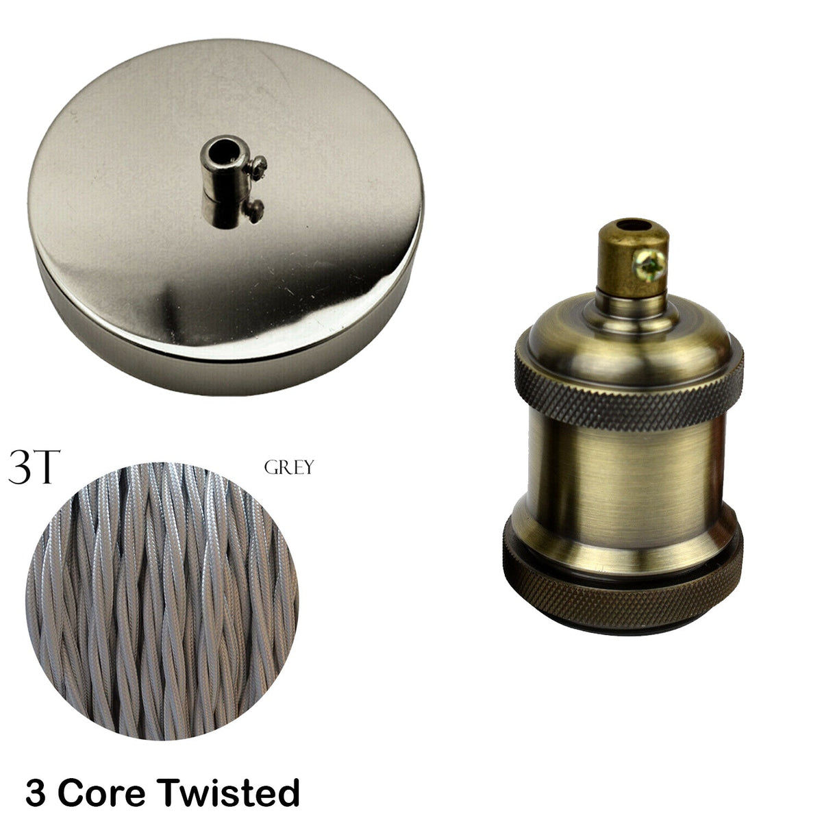 Fabric Cable Pendant Light Set – E27 Holder & Ceiling Rose, 8 Finishes - Green Brass, Grey Twisted Cable, Chrome Rose, Without Bulb