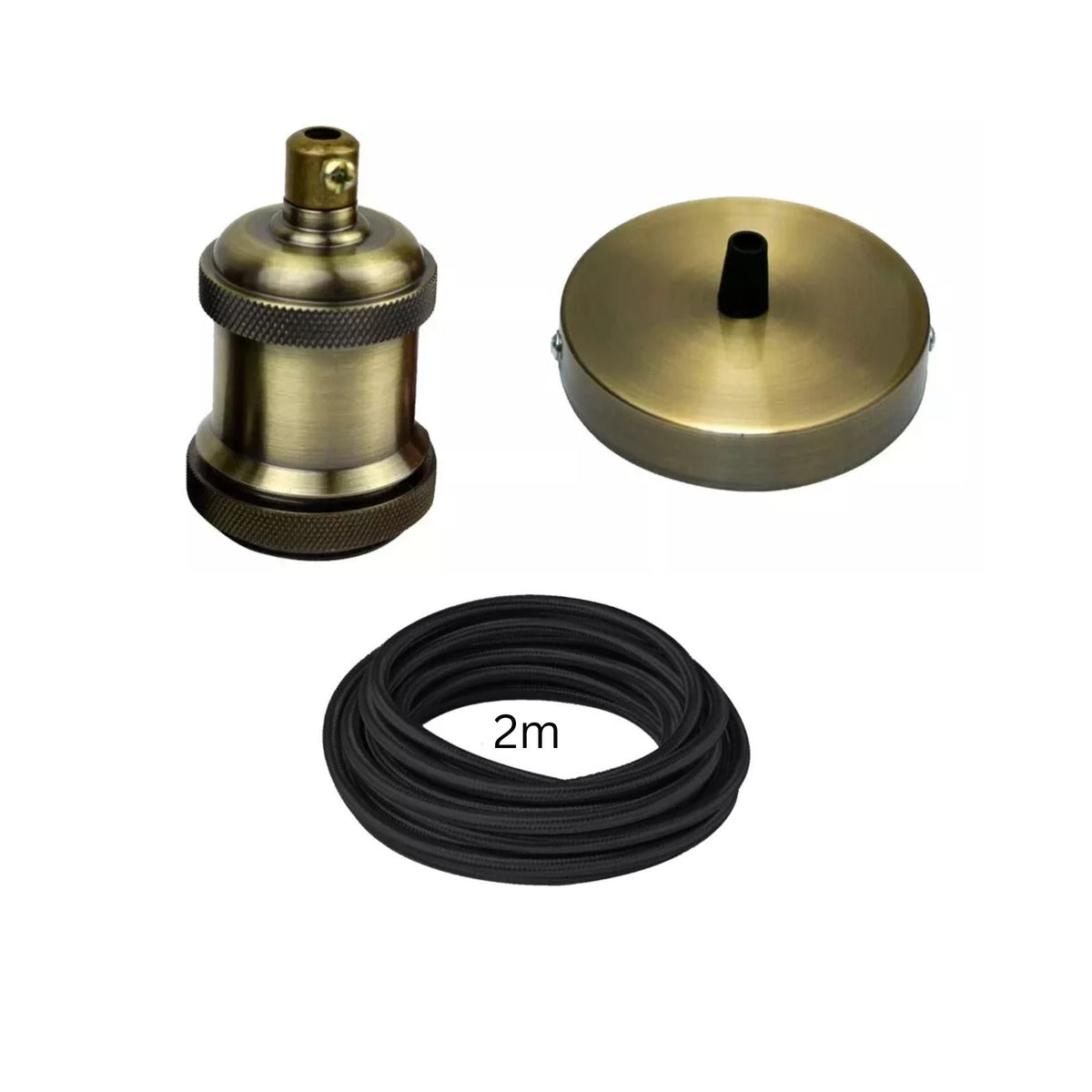Fabric Cable Pendant Light Set – E27 Holder & Ceiling Rose, 8 Finishes - Green Brass, Black Round Cable 2 m, Green Brass Rose, Without Bulb