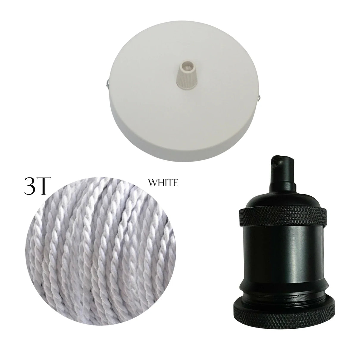 Pendant Light Set – Mix Holder, Rose & Cable Colours, E27 - Matt Black, White Rose, White Cable, Without Bulb