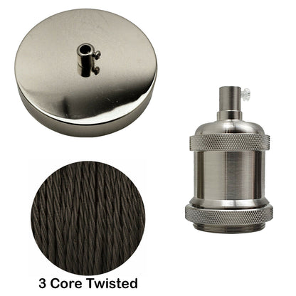 Fabric Cable Pendant Light Set – E27 Holder & Ceiling Rose, 8 Finishes - Satin Nickel, Black Twisted Cable, Chrome Rose, Without Bulb