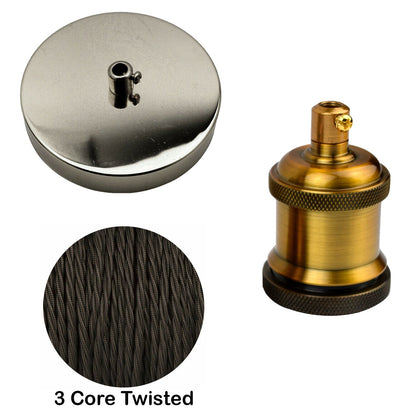 Fabric Cable Pendant Light Set – E27 Holder & Ceiling Rose, 8 Finishes - Yellow Brass, Black Twisted Cable, Chrome Rose, Without Bulb