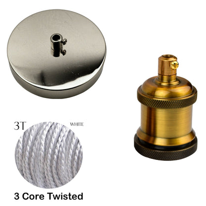 Fabric Cable Pendant Light Set – E27 Holder & Ceiling Rose, 8 Finishes - Yellow Brass, White Twisted Cable, Chrome Rose, Without Bulb