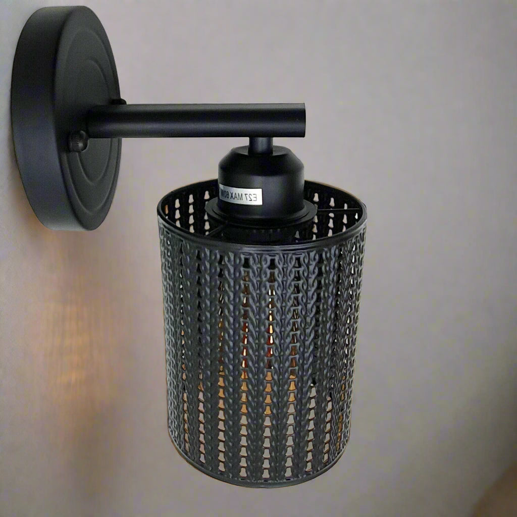 Flat Arm Wall Light with Cage – Black or Chrome, E27 - Black, Barrel Cage Style 3 Black 115 mm Rose, Without Bulb