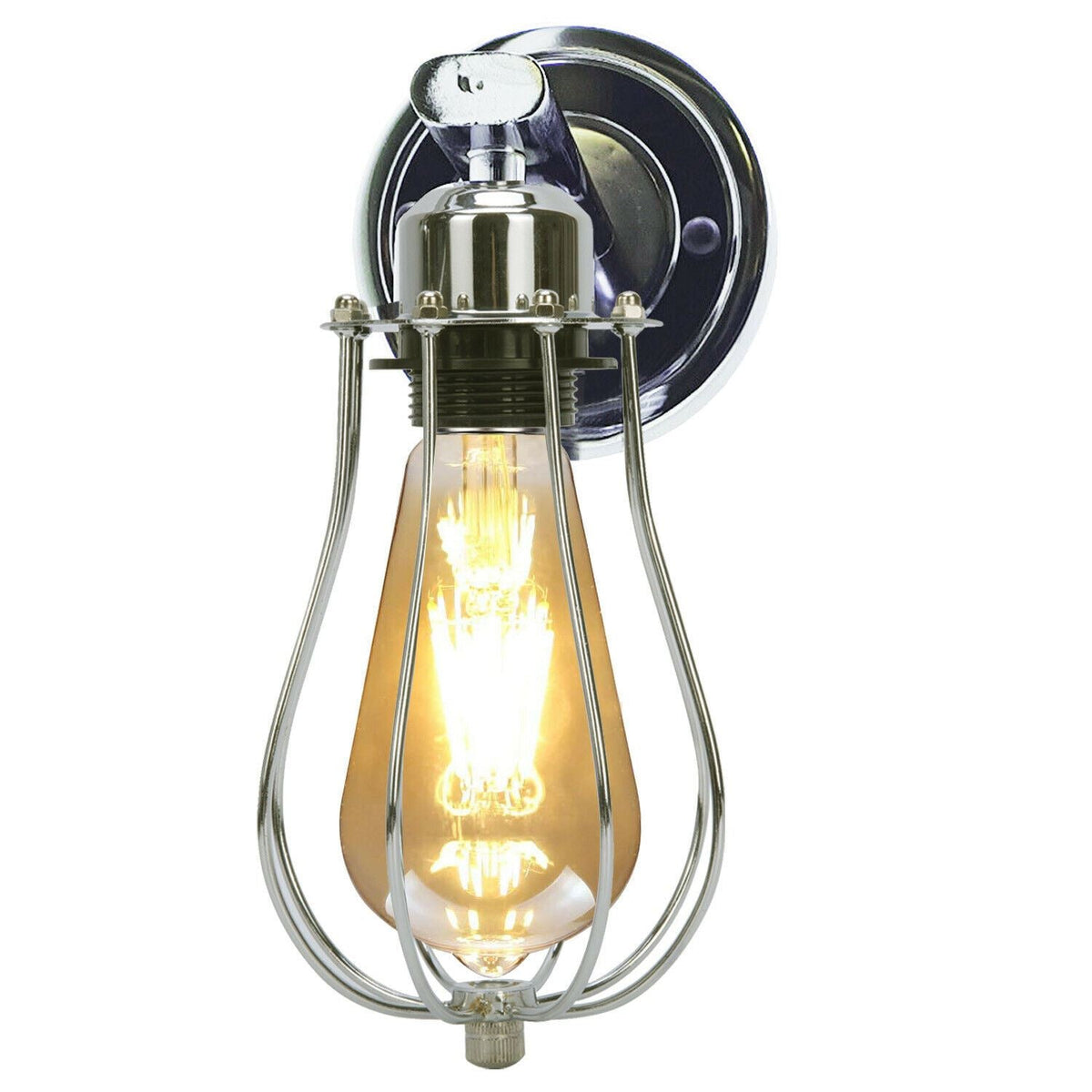 Flat Arm Wall Light with Cage – Black or Chrome, E27 - Chrome, Round Cage Chrome, T130 LED Bulb 4W