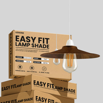Flat Lamp Shade – 22 cm Metal Finishes or 40 cm Colours, Easy Fit - Brushed Copper, 22 cm with Reducer Ring, Single