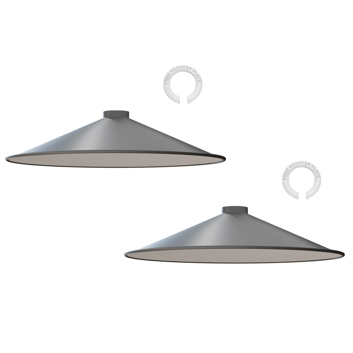 Flat Lamp Shade – 22 cm Metal Finishes or 40 cm Colours, Easy Fit - Grey, 40 cm with Reducer Ring, Pack of 2