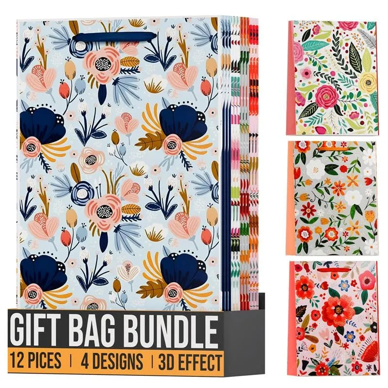 Floral Paper Gift Bags with Handles – Pack of 12, 4 Designs, 26 x 32 cm - photo 4