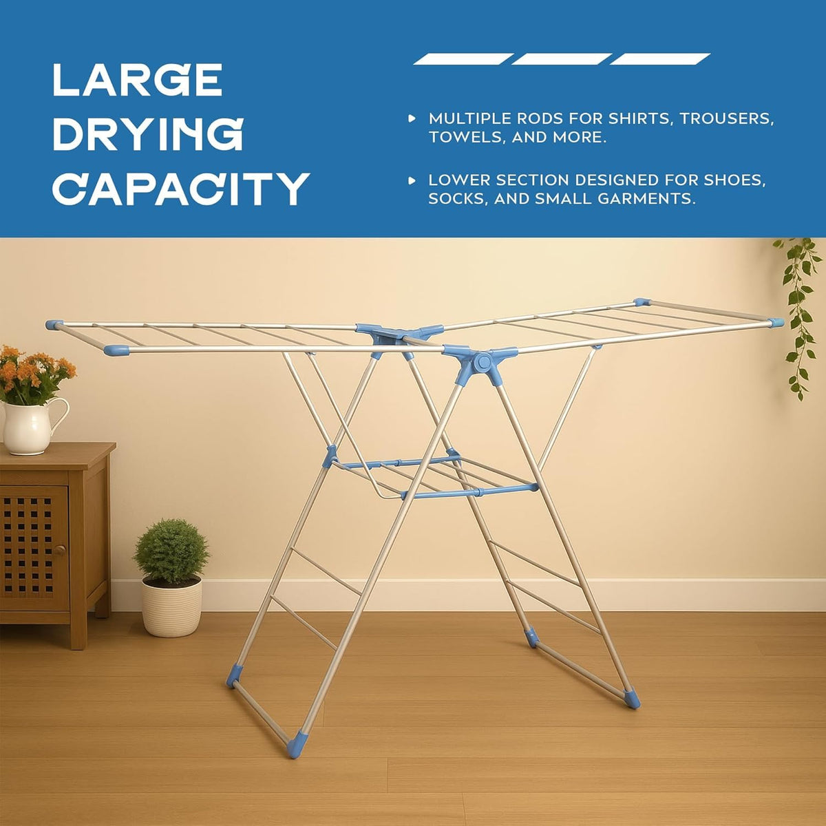 Foldable Clothes Airer – 3-Tier Drying Rack, 155 x 61 x 104 cm, Blue or Pink - photo 5