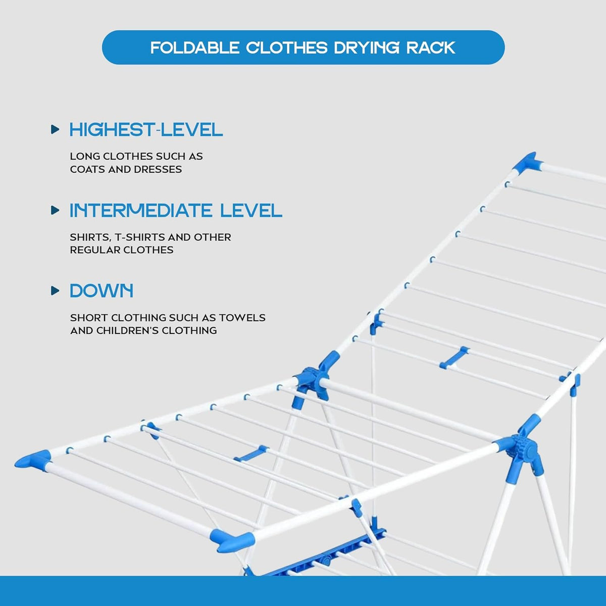 Foldable Clothes Airer – 3-Tier Drying Rack, 155 x 61 x 104 cm, Blue or Pink - photo 7