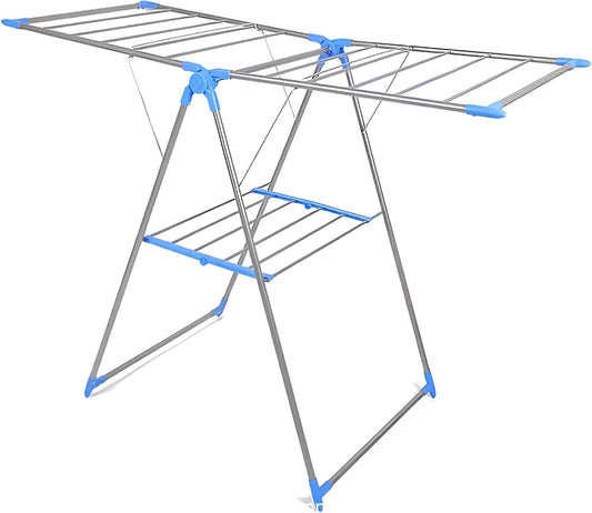 Foldable Clothes Airer – 3-Tier Drying Rack, 155 x 61 x 104 cm, Blue or Pink - Blue & Silver