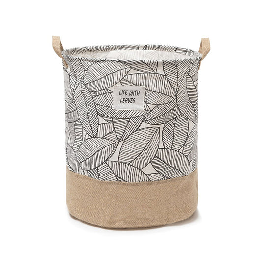 Leaf Print Cotton Laundry Baskets, Pack of 3 – Jute Base, Handles, Foldable - photo 2