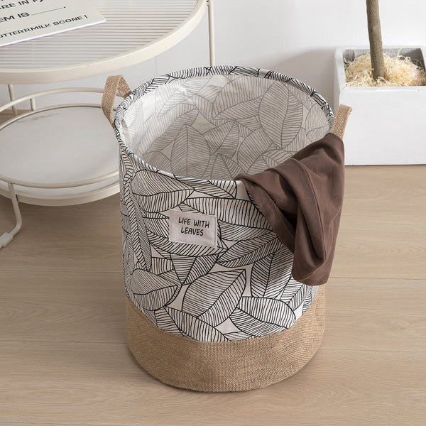 Leaf Print Cotton Laundry Baskets, Pack of 3 – Jute Base, Handles, Foldable - photo 3
