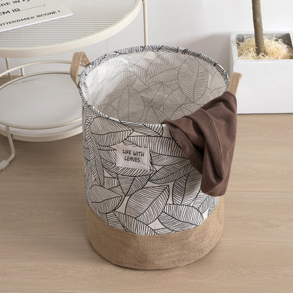 Leaf Print Cotton Laundry Baskets, Pack of 3 – Jute Base, Handles, Foldable - photo 3