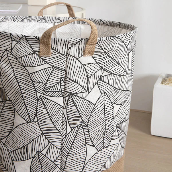Leaf Print Cotton Laundry Baskets, Pack of 3 – Jute Base, Handles, Foldable - photo 4