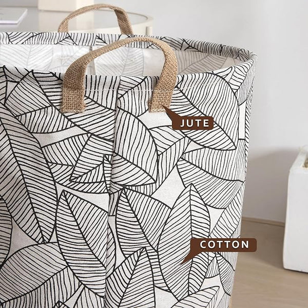 Leaf Print Cotton Laundry Baskets, Pack of 3 – Jute Base, Handles, Foldable - photo 5