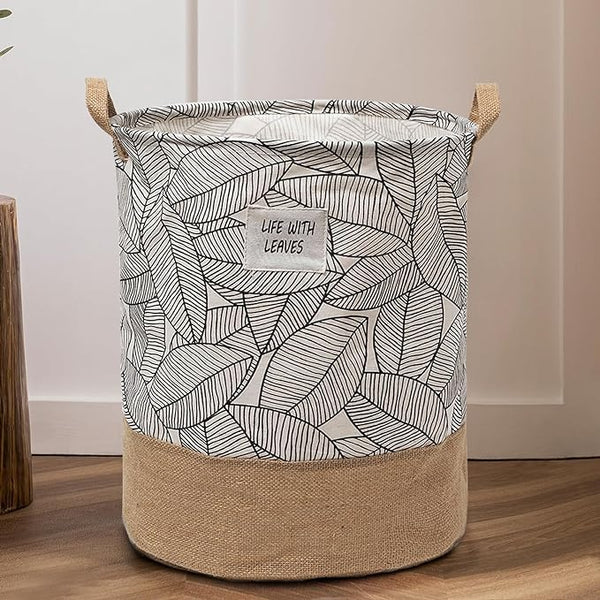 Leaf Print Cotton Laundry Baskets, Pack of 3 – Jute Base, Handles, Foldable - photo 6