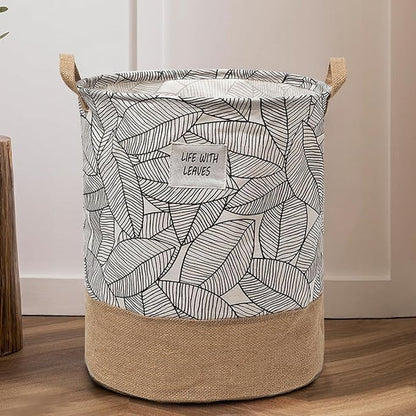 Leaf Print Cotton Laundry Baskets, Pack of 3 – Jute Base, Handles, Foldable - photo 6