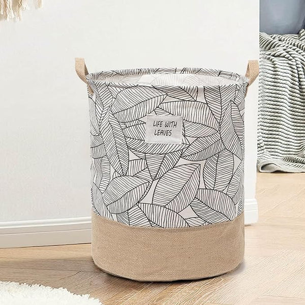 Leaf Print Cotton Laundry Baskets, Pack of 3 – Jute Base, Handles, Foldable - photo 7