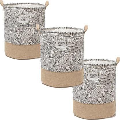 Leaf Print Cotton Laundry Baskets, Pack of 3 – Jute Base, Handles, Foldable