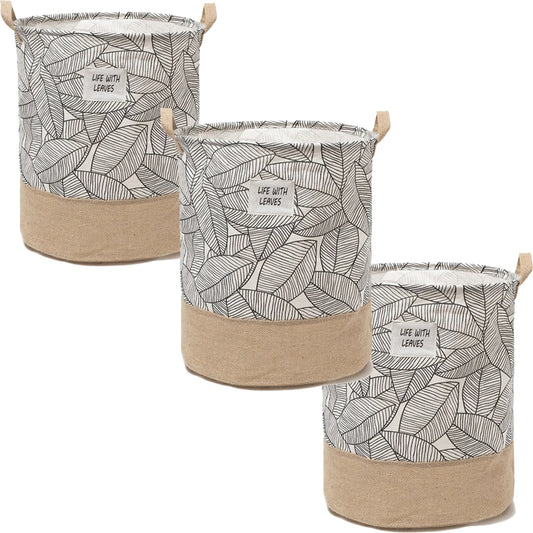 Leaf Print Cotton Laundry Baskets, Pack of 3 – Jute Base, Handles, Foldable