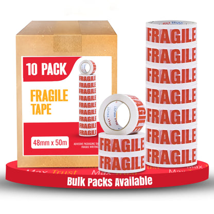 Fragile Printed Packing Tape 4.8cm x 50m White PP Roll Adhesive Shipping Mailing - Pack of 10