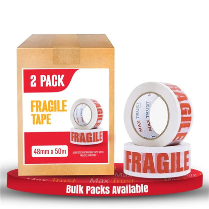 Fragile Printed Packing Tape 4.8cm x 50m White PP Roll Adhesive Shipping Mailing - Pack of 2