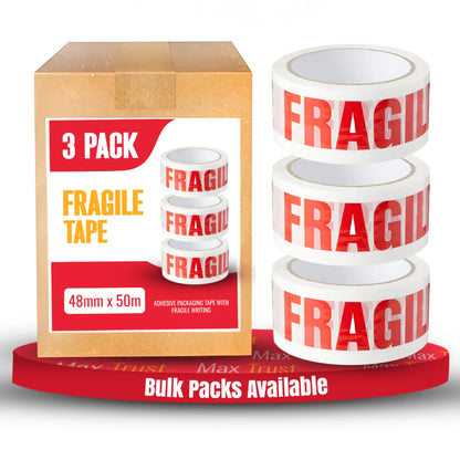 Fragile Printed Packing Tape 4.8cm x 50m White PP Roll Adhesive Shipping Mailing - Pack of 3
