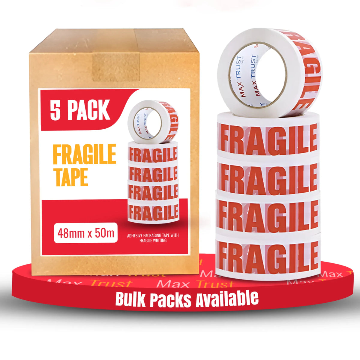 Fragile Printed Packing Tape 4.8cm x 50m White PP Roll Adhesive Shipping Mailing - Pack of 5